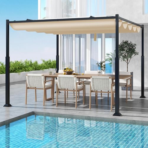 Image of TANGZON Garden Pergola with Retractable Roof, 3.1 x 3.1 m Metal Gazebo