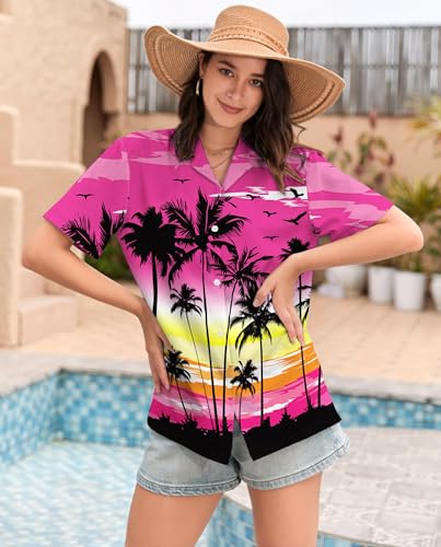 Image of SANGTREE Girls & Women's Hawaiian Shirts Button Down Short Sleeve Floral Tropical Shirt Beach Vacation Blouse Tops