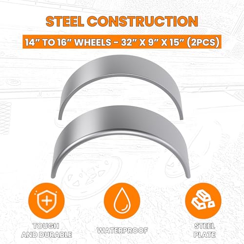 HECASA Single Axle Trailer Fenders W/Fender Backs Fits 14" to 16" Wheels - 32" x 9" x 15" Replacement for Car Hauler Trailer Cargo Trailer Utility Trailer Landscape Trailer Steel Round (2Pcs)