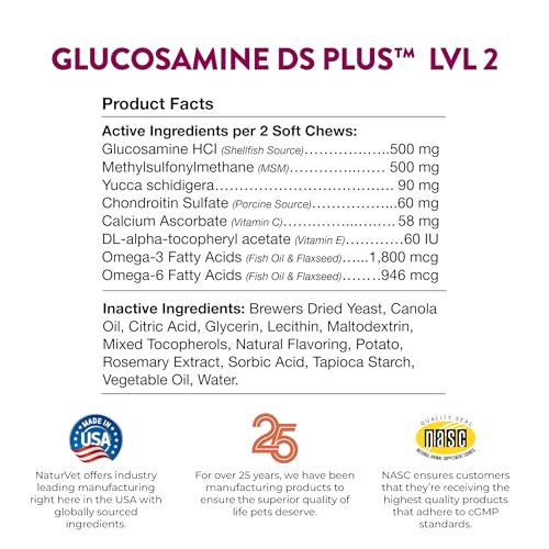NaturVet Glucosamine DS Plus Level 2 Moderate Gelenkpflege für Hunde und Katzen, 120 ct Soft Chews Made in USA