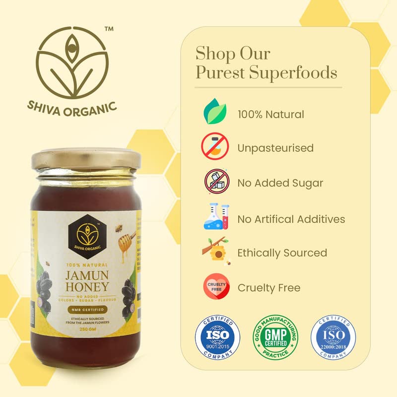 Image of Shiva Organic Jamun Honey 250 grams NMR Tested 100% Natural Healthy and Pure Honey No Added Sugar Flavour Unadulterated Sourced ethically from Jamun flowers