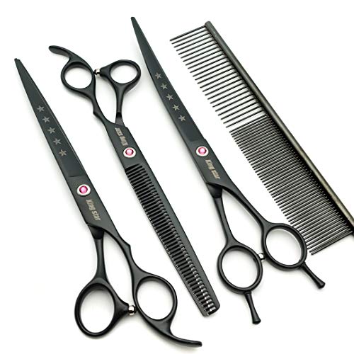 Kingstar 8.0In. Matt Black Professional Pet Grooming Scissors Set,Straight & Thinning & Curved Scissors Set With Comb,Dog Grooming,A559 #TOP2