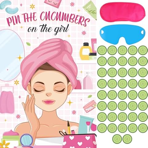 Hxezoc Spa Party Games Pin The Cucumbers on The Girl With 42 Pcs Cucumber Stickers, Large Spa Party Games Poster for Kids Girls Women Spa Birthday Party Carnival Party Supplies Cover