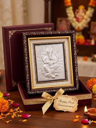 Image of Silver Coating Ganesh Frame | Divine Home Decor | Wall Mount Square Photo Frame for Gift, Wooden PhotoFrame for Temple | tabletopframe (5 inch x 5.50 inch Inch)