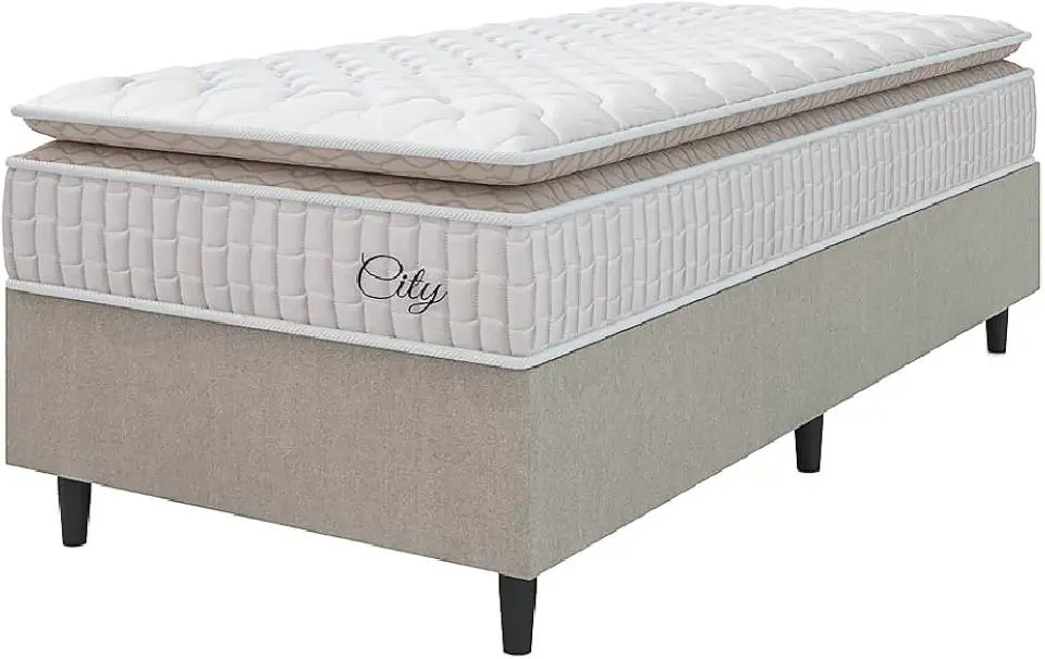 Cama Box Colchão Solteiro Molas Ensacadas City Pillow Top 88x188x61cm Branco/Bege Hellen - Suporta até 110kg por Pessoa