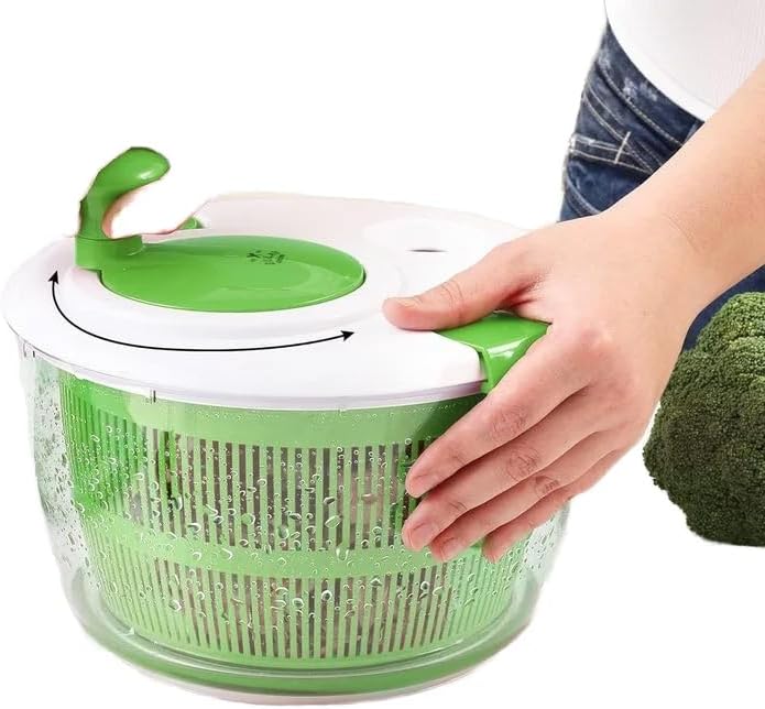 Plastic Salad Tools Manual Lettuce Spinner with Secure Lid Rotary Handle Vegetable Dryer Fruit Washer Fries Spinner, Medium, Green