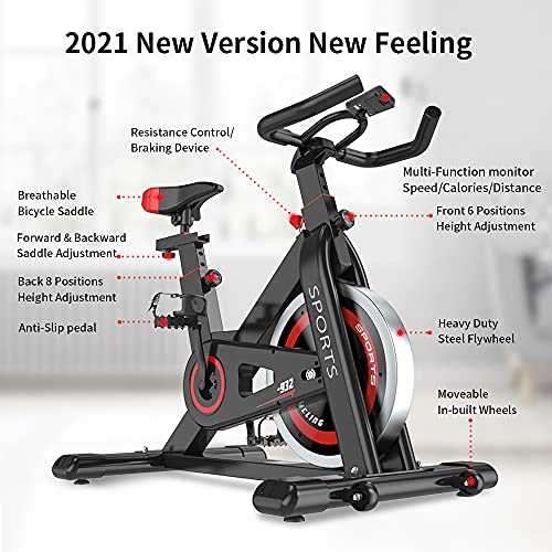 Delfy Stationary Exercise Bike, Indoor Cycling Bike with Adjustable Resistance, Large Bidirectional Flywheel, Silent Belt Driven, LCD Monitor, Fitness Bicycle for Home Gym Cardio Workout 2020 Version