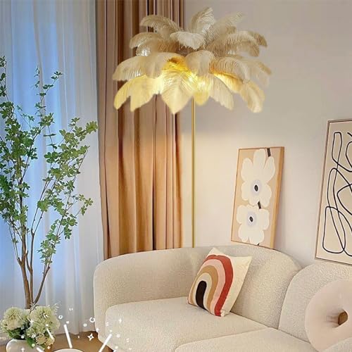 Lámpara de pie de plumas LED regulable color caqui y oro 160 cm