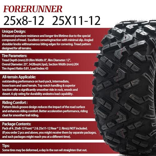 Image of FORERUNNER 25x8-12 & 25x11-12 ATV Tires, All Terrain (Pack of 4, Tubeless) | FORERUNNER 6PR 25x8-12 & 25x11-12 ATV UTV Trail Sand Mud Off-Road Tires