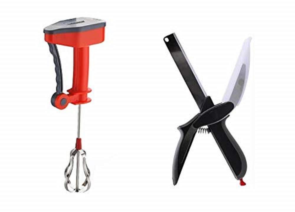 HENOP Accurrate 2 in 1 Vegetable Fruit Clever Cutter Slicer and Hand Blender Egg Beater Lassi Butter Milk Maker Mixer Power Free for Kitchen (Assorted Color)
