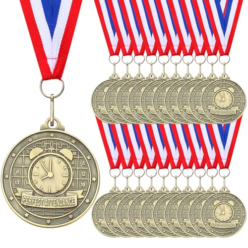 Quelay 20pcs 2 Gold Medals for Awards Winner Bulk with Neck Ribbons Metal Trophy Award Prize Gift for Kids Students Adults School Graduation Participation Competitions(Perfect Attendance)