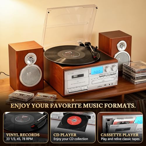 Image of Record Player with Two Full-Range External Speakers 10 in 1 Vintage Turntable CD Cassette Tape Player AM FM Radio 3 Speed BT Input & Output LP Players Support USB SD AUX RCA Auto Stop Retro Red Brown