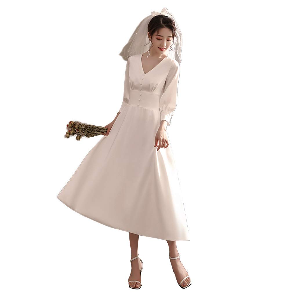 Vestido de novia de satén, vestidos de novia, vestidos formales de novia, falda de manga larga para mujer, faldas casuales, bonito vestido (color: blanco con velo, talla: mediana) (blanco con velo)