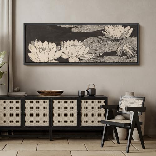 Image of MUDECOR Large Framed Canvas Print Wall Art Vintage Lotus Flower Line Art Botanical Black and Beige Antique Retro Ready to Hang Painting for Living Room Bedroom Multi-Sizes - 60 inchx20 inch