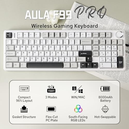 Image of MechLands Aula F99 PRO 96% Mechanical Gaming Keyboard, BT5.0 /USB-C /2.4GHz Wireless, Hot Swappable Gasket Custom Keyboard with 8000mAH Battery, Rotary Knob, RGB Backlit for Win /Mac (White Grey)