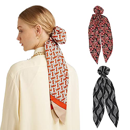 Bun Cover Scrunchies for Hair - HAIMEIKANG 2PCS Floral Bun Holder Snood with Satin Long Tie Elastic Hair Accessories for Women Girls(Red+Black)