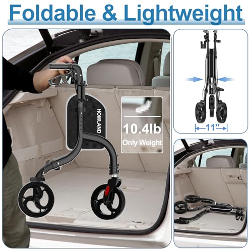 Image of HOMLAND 3 Wheel Walkers for Seniors, Foldable Wheeled Rollator with Cane Hold and Cup Hold, Lightweight Three Wheel Rolling Walker Height Adjustable for Seniors
