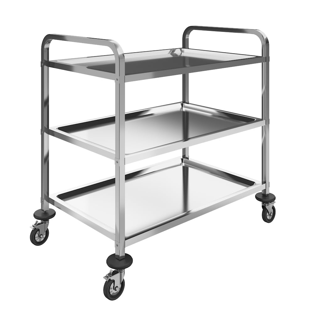 servierwagen Edelstahl 3 böden,servierwagen mit Rollen und 4-Bremsräder,Küchenwagen für Hotel Restaurant (75 x 40 x 83cm)