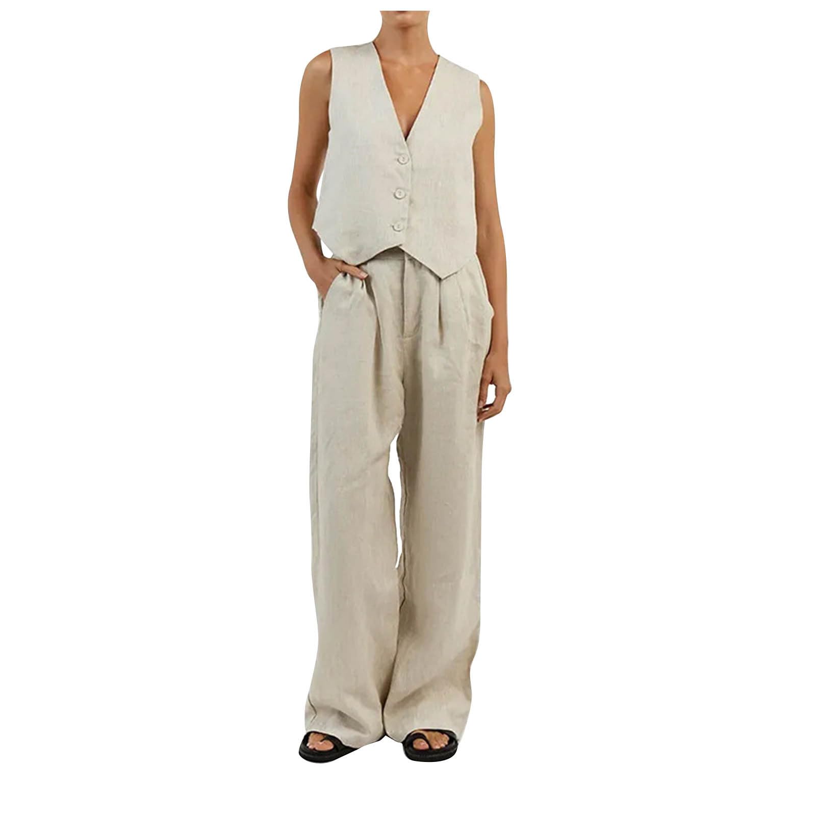 Ensemble 2 Pièces Femme Allence - Gilet Et Pantalon Large - Coton/Lin - Style Décontracté Chic - Printemps/Été