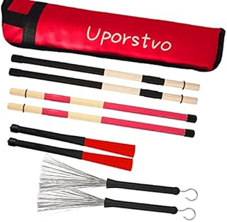 Drum brush Kit,1pair Cahon Metal Wire Brushes and 1pair Jazz Nylon Brushes,1pair Percussion Bamboo Tie Rods,1pair Birch Multi-Rod Bundle Sticks,with Red Drumstick Bag,hold up to 4Pairs of Drumsticks