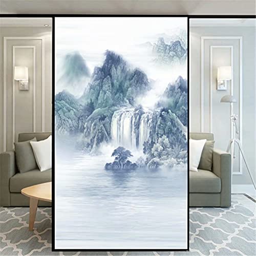 Privacy Window Film Ink Landscape Painting 73AB Decorative Opaque Non-Adhesive Static Cling Frosted Glass Window Film Window Stickers for Home Office 65x140cm(25.6