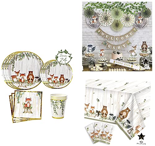 YARA Woodland Baby Shower Decorations For Boy or Girl with Woodland theme Tablecloth Woodland animals plates cup and napkins
