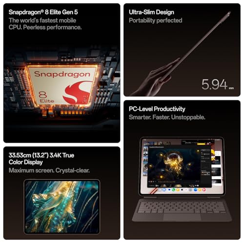 Image of OnePlus Pad 4, Snapdragon 8 Elite Gen 5 Platform, 33.53cm 13.2 inch 3.4K Screen, 144Hz Adaptive, 8 Speakers, AI Powered, PC-Level Productivity, 13,380 mAh Battery, 8GB + 256GB, WiFi,Dune Glow