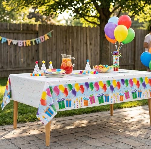 Image of Party Dimensions Birthday Party Plastic Table Cover, Disposable Tablecloths with Balloons & Candles Design, 54 inch x 96 inch, 12-Pack, Perfect for Birthday Parties