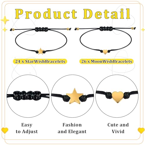 30/60 Set 50th Birthday Wish Bracelet Bulk Birthday Party Gift Favor for Guest Adjustable Heart Star Charm Friendship Bracelet with Make A Wish Card Organza Bag for Anniversary Souvenir3