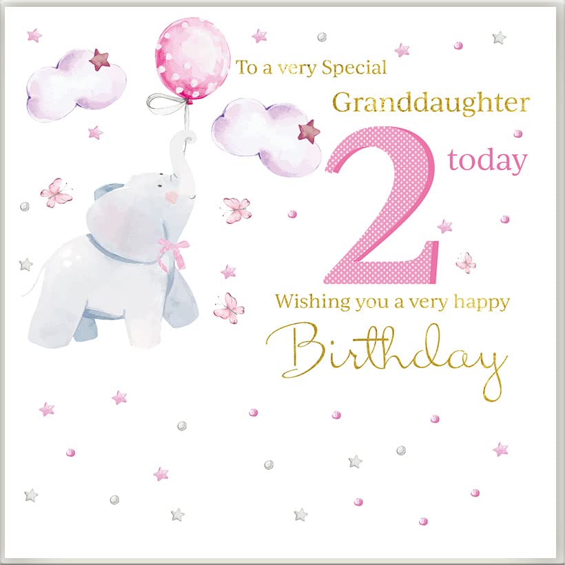 Granddaughter 2nd Birthday card - Rush Design - To A Very Special Granddaughter 2 Today, Wishing you A very happy Birthday, elephant and butterflies design