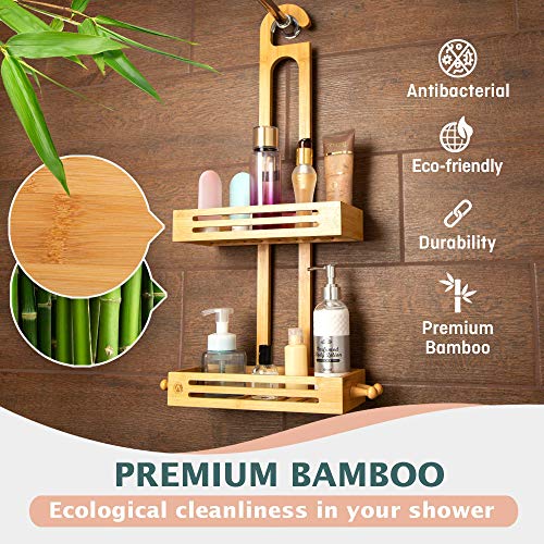 Crew & Axel Bamboo Hanging Shower Caddy Rustproof Made From Natural Bamboo 2 Level Storage Organizer Waterproof & Anti Stain - Over The Shower Head Caddy 27" X 11" X 5" #TOP6