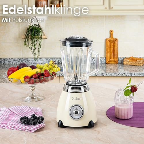 Standmixer Retro mit 1,5L Glasbehälter Zerkleinerer Smoothie Maker Mixer Edelstahlklinge 2 Geschwindigkeiten & Pulsfunktion Edelstahlgehäuse Leistungsstarker Mixer im Vintage Design – Bild 6