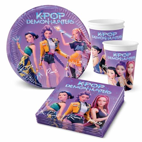 Kit de fête 36 pièces « K-POP Demon Hunters » avec assiettes en carton, serviettes et gobelets en carton pour anniversaire d'enfant et fête à thème | Assiettes, gobelets, décoration d'anniversaire