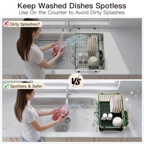 Image of JASIWAY Green Dish Drying Rack in Sink with Drainboard and Utensil Holder
