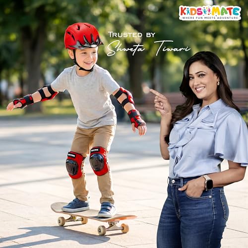 Image of Kidsmate Sports Protective Gear Set for Boys & Girls | Kids Safety Guard Contains Helmet, Knee Pads, Elbow Pads & Wrist Guards | Ages 3-14 Years, Ideal for Cycling, Skateboarding & Scooters (Red)