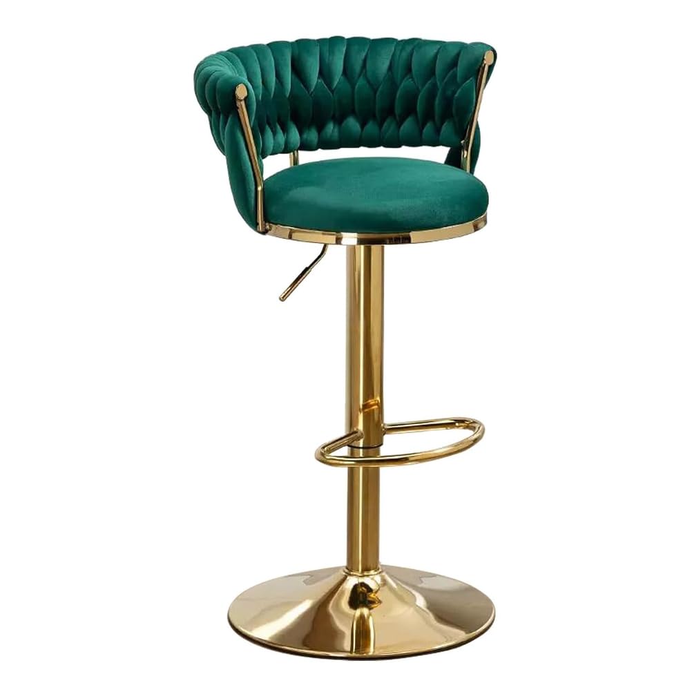 Juego de 2 Taburete de Bar, Taburetes Cocina Terciopelo con Respaldo ,Silla de Bar Altura Ajustable, Taburete Alto Rotación de 360° con reposapiés para Cafetería/Isla de Cocina,Verde,Set of 1