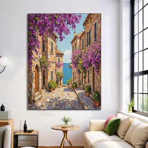 Lienzo de pintura al óleo de ciudad, cuadro moderno beige y azul sin marco para salón, 70x100cm