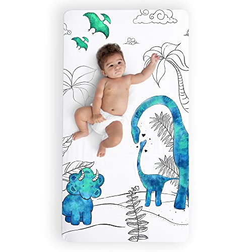 Image of JumpOff Jo - Fitted Crib Sheet, Super Soft Breathable 100% Cotton Baby Crib Sheet for Standard Crib Mattresses and Toddler Beds, 28 in. x 52 in. - Blue Dinosaur