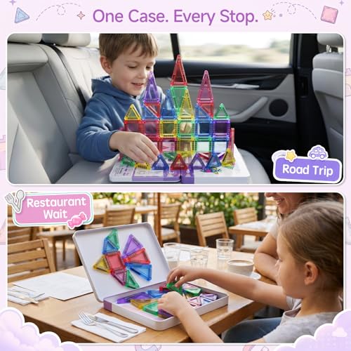 Image of Magnetic Tiles for Kids Travel: 40pcs Portable Mini Building Toy | 30-Sec Iron Case Opens Into 10.6-Inch Play Board - STEM Gift for Toddlers Ages 3-6 - Airplane Road Trip Restaurant