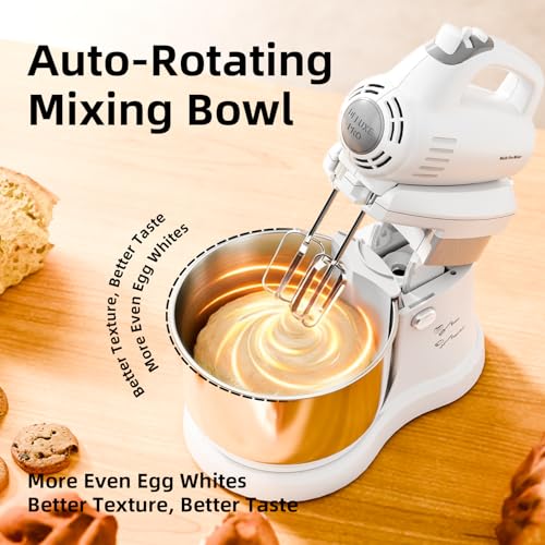 3.2QT 2-in-1 Stand Mixer, Electric Kitchen Mixer with Auto-Rotating Bowl & Tilt-Head, 5-Speed 250W Turbo Baking Machine for Beginners with Beater & Dough Hook for Cookie, Bread, Cake (White) - Image 5