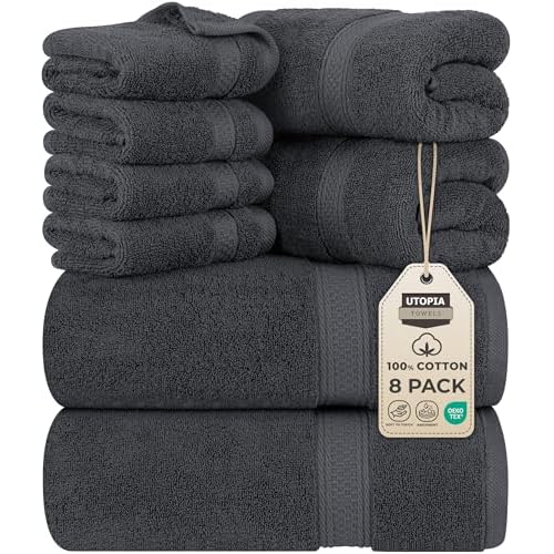 Utopia Towels 8 Piece Towel Set – 2 Bath Towels, 2 Hand Towels and 4 Washcloths Cotton Hotel Quality Super Soft and Highly Absorbent (Gray)