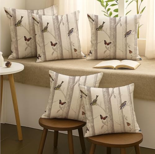Image of Jaipur Weaves Cushion Cover 16 Inch X 16 Inch - Set of 5, Butterfly and Bird 250 GSM, Jacquard Weave, Decorative Soft Cushion Covers for Sofa /Bed /Chair, Gift for Home Decor (Woodland, 5)