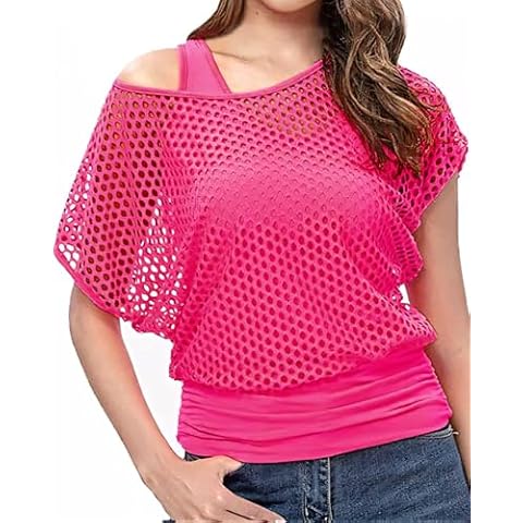Women's Casual Sexy Fishnet Off Shoulder Shirts, 80s 90s Costumes Neon Outfit T-Shirt Cover