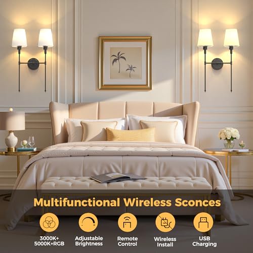 Image of DORESshop 2-Lights Battery Operated Wall Sconce, Black Wireless Wall Light