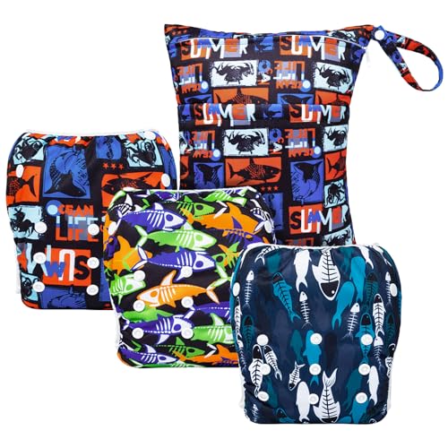 Image of ALVABABY 3pcs Baby Swim Diapers with 1pcs Wet Bag Reuseable Washable & Adjustable for Swimming Lesson & Baby Boy and Girl 3YKL01