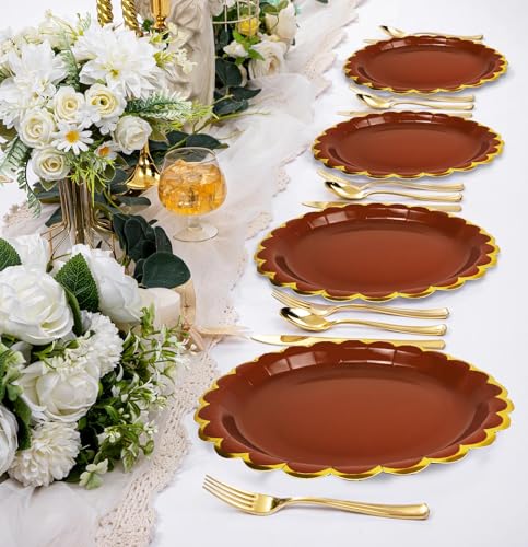 Image of HEIPINIUYE 50 Pieces Brown Paper Plates with Gold Foil 9 Inch Disposable Brown and Gold Scalloped Dinner Plates for Wedding Baby Shower Birthday Party Dessert Plate
