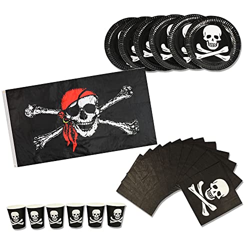 COM-FOUR® juego de vajilla para fiestas de 25 piezas - platos, tazas, servilletas, banderas - para fiestas piratas, cumpleaños infantiles y Halloween (Platos de fiesta - 25 piezas - f. 6 niños)
