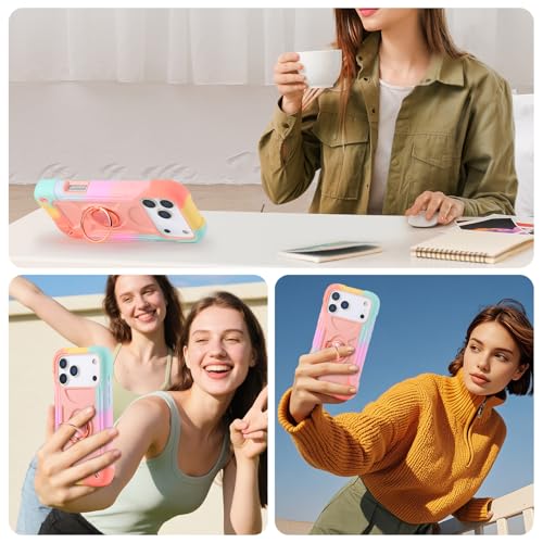 Image of MARKILL Compatible with iPhone with Built-in 360Rotating Ring Stand, Military Grade Drop Protection Full Body Rugged Heavy Duty Case Durable Cover (Rainbow Pink, iPhone 17 Pro Max)