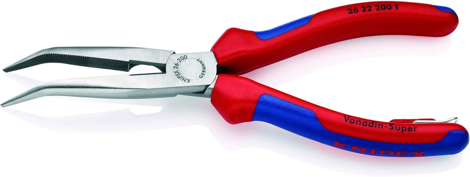KNIPEX Flachrundzange mit Schneide (Storchschnabelzange) mit Mehrkomponenten-Hüllen, mit integrierter Befestigungsöse zum Anbringen einer Absturzsicherung schwarz atramentiert 200 mm 26 22 200 T