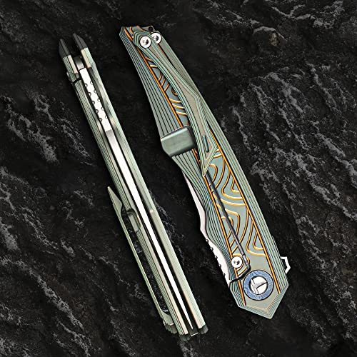 Turenz Folding Knife,4.7In M390 Blade And Tc4 Titanium Alloy Handle Outdoor Folding Knife , Titanium Damascus Steel， Liner Lock, Edc Pocket Knife For Men #TOP3